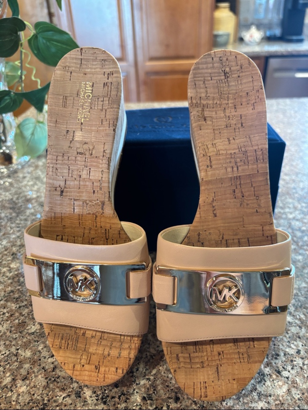 Michael Kors Warren Nude Leather Cork Wedge Slide Sandals with Gold MK Medallion - Picture 8 of 16